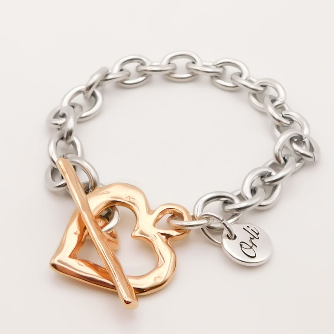 Outlet- Hammered Heart T-bar Bracelet, Silver and Rose Gold