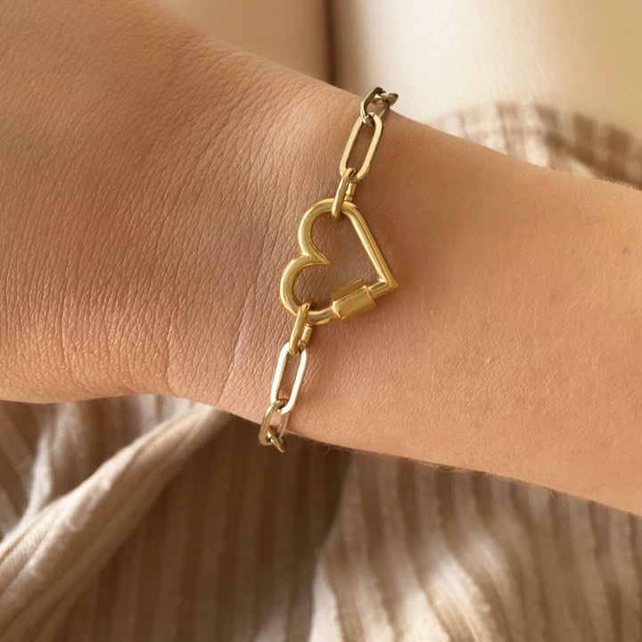 Mini Heart Lock Paperclip Chain bracelet, Gold