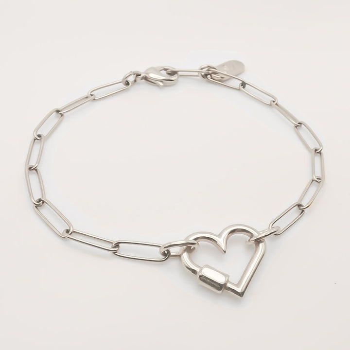 Mini Heart Lock Paperclip Chain bracelet, Silver