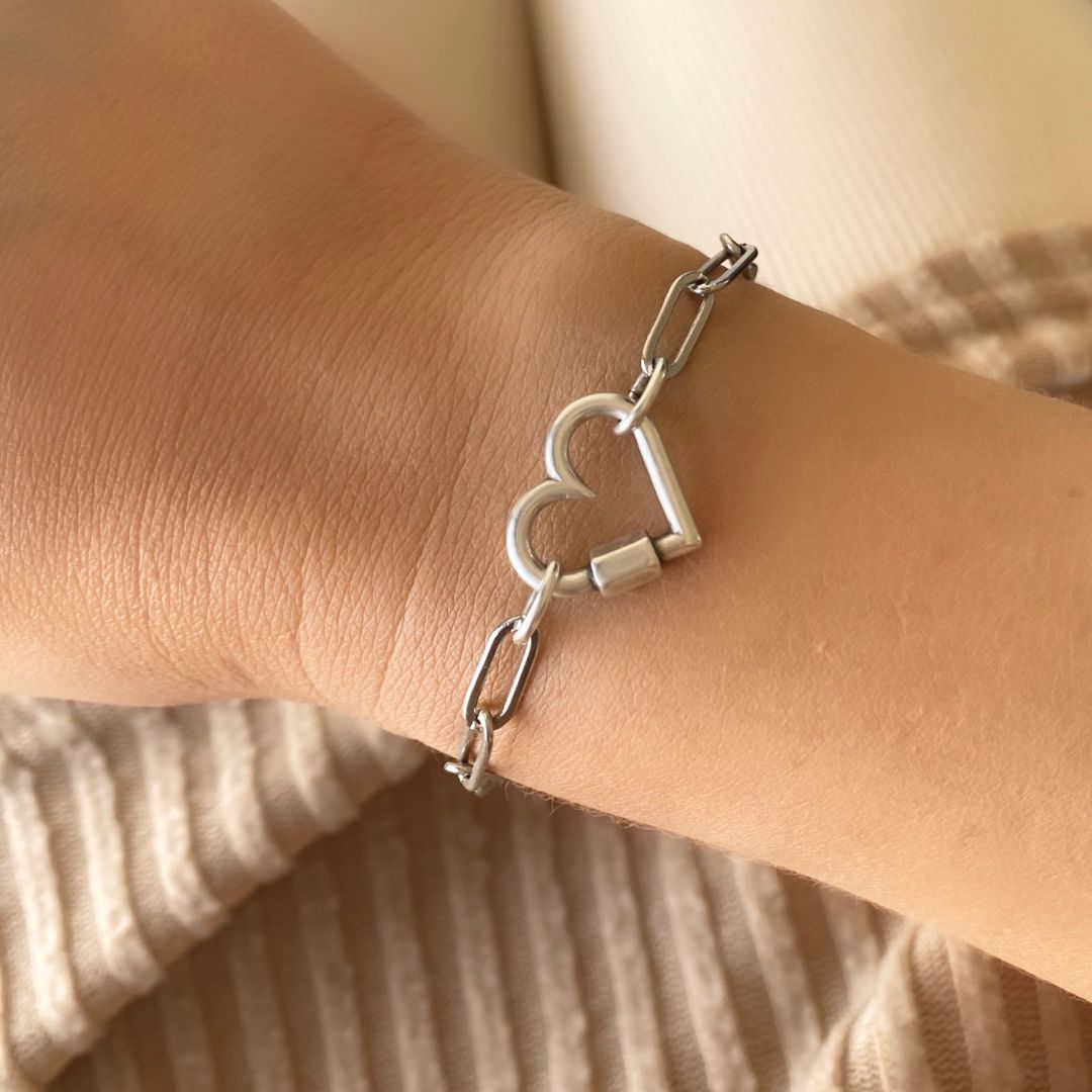 Mini Heart Lock Paperclip Chain bracelet, Silver