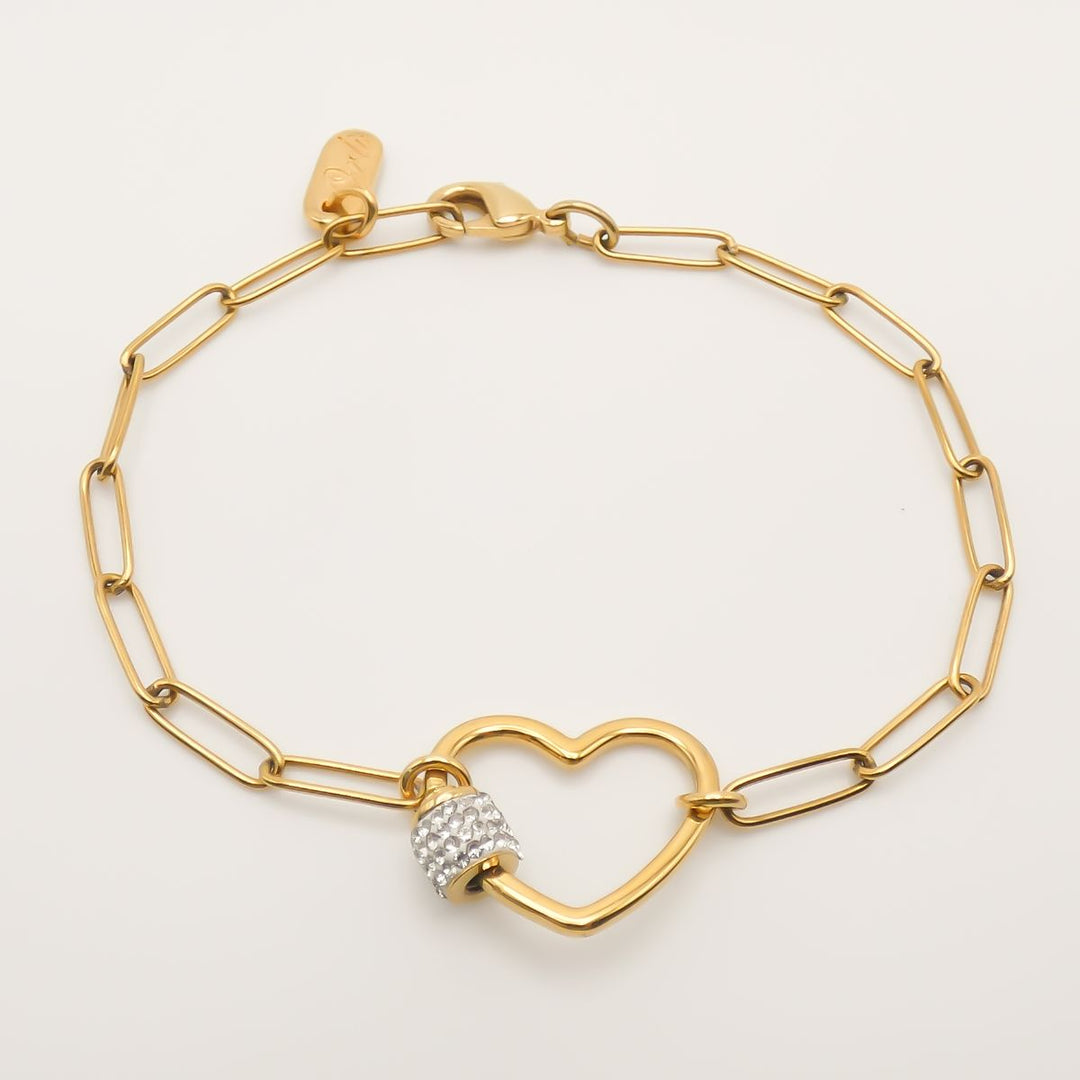 Outlet- Crystal Heart Lock Bracelet, Gold
