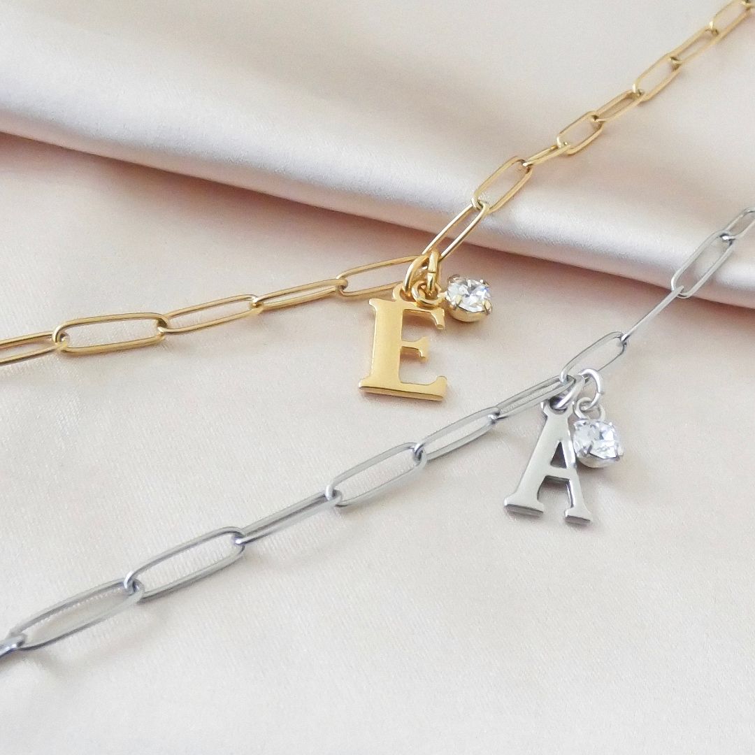 Initial & Birthstone Personalised Paperclip Chain Bracelet, Gold