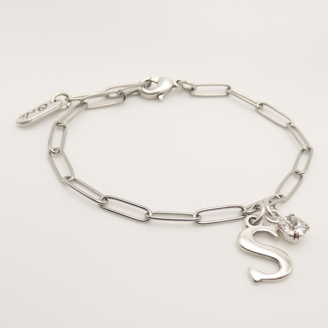 Initial & Birthstone Personalised Paperclip Chain Bracelet, Silver