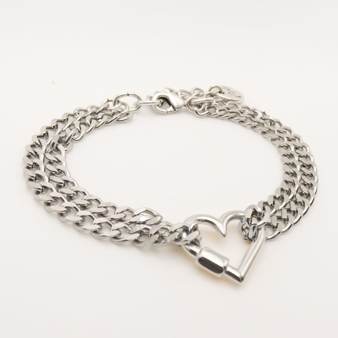 Double Curb Chain Bracelet with Heart Lock, Silver