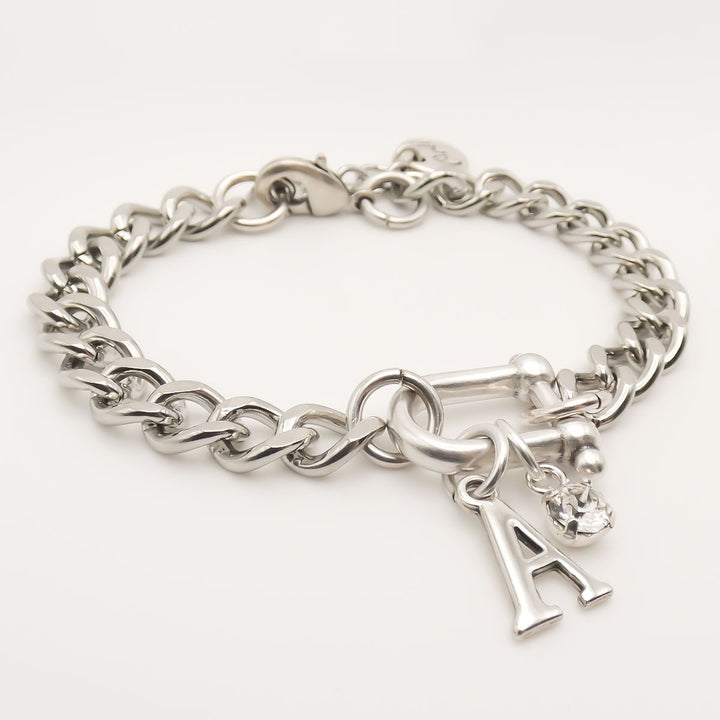 Chunky Horsebit Initial and Birthstone Personalised Curb Chain Bracelet