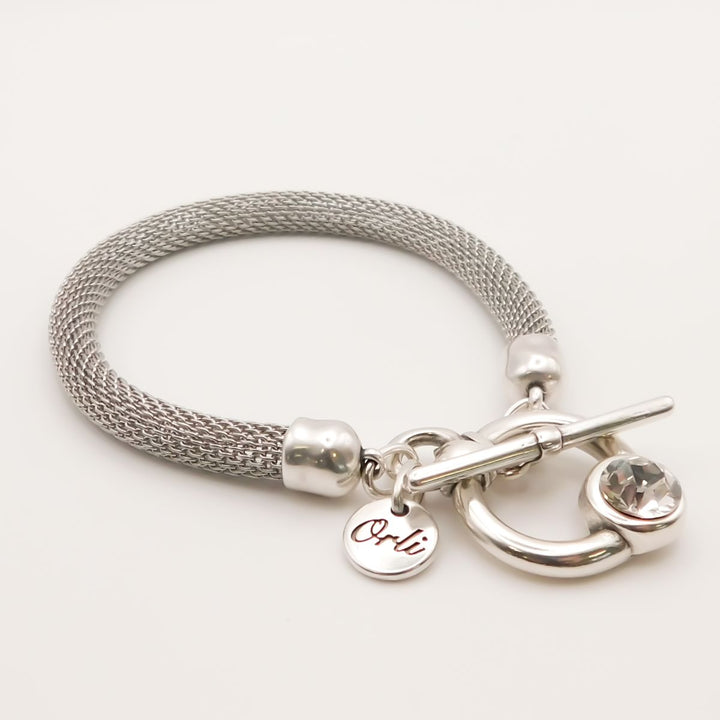 Outlet- Crystal T-Bar Mesh Bracelet, Silver
