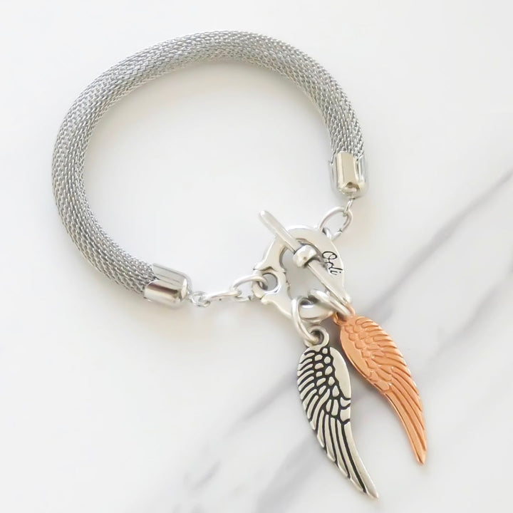 Outlet- Twin angel wings mesh chain bracelet, silver and rose gold