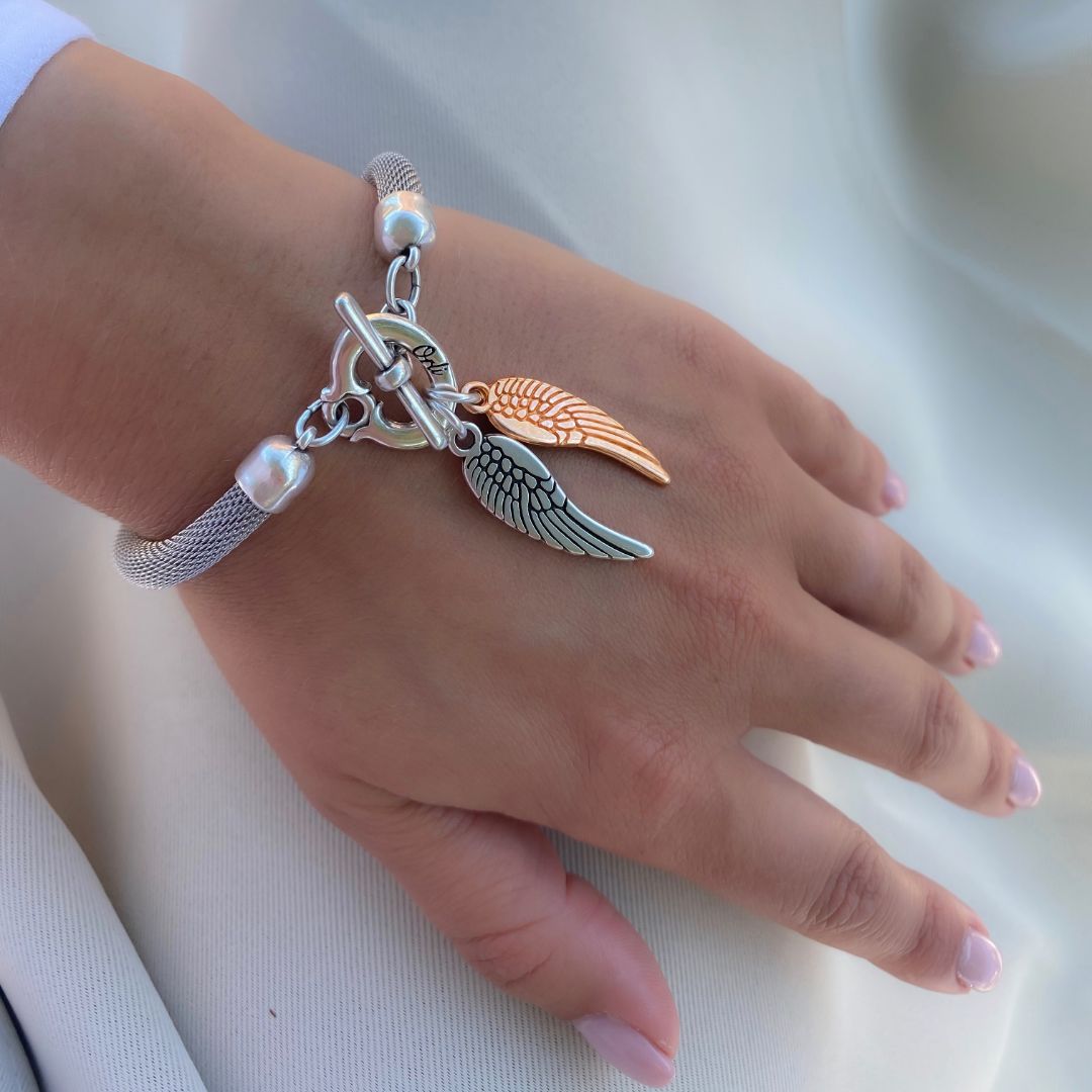 Outlet- Twin angel wings mesh chain bracelet, silver and rose gold