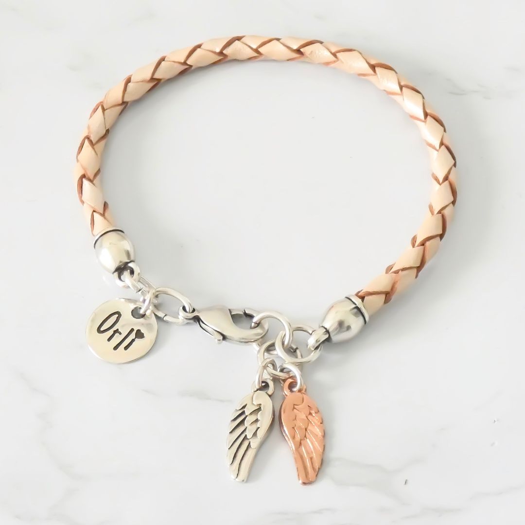 Outlet- Twin Angel Wings Leather Friendship Bracelet, Two Tone & Pearlised Nude