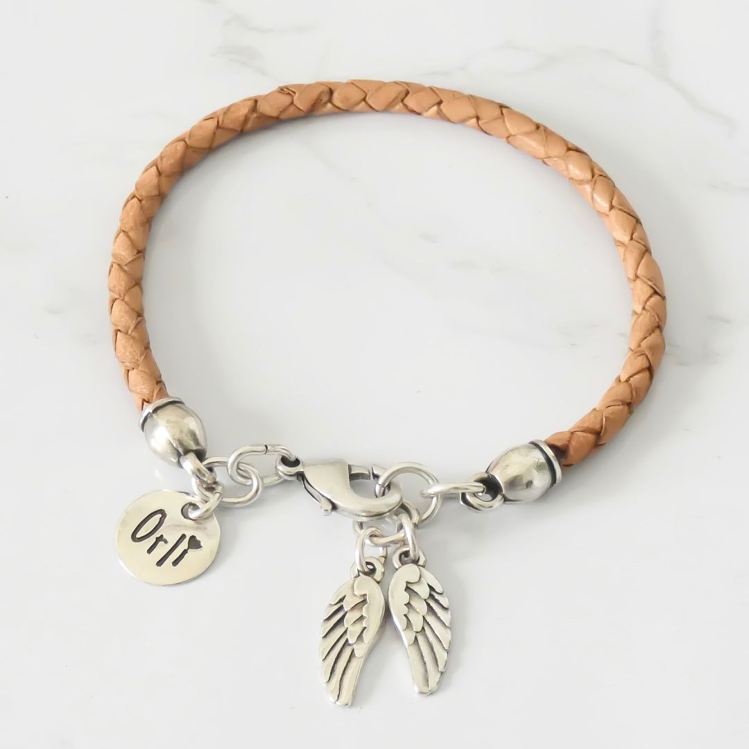 Outlet- Twin Angel Wings Leather Friendship Bracelet, Tan