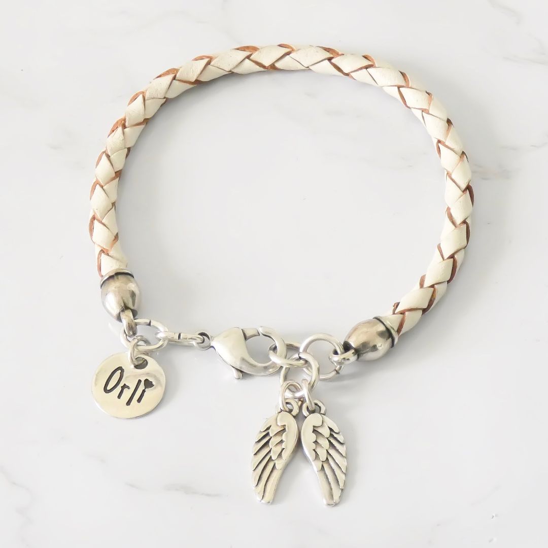 Outlet- Twin Angel Wings Leather Friendship Bracelet, White