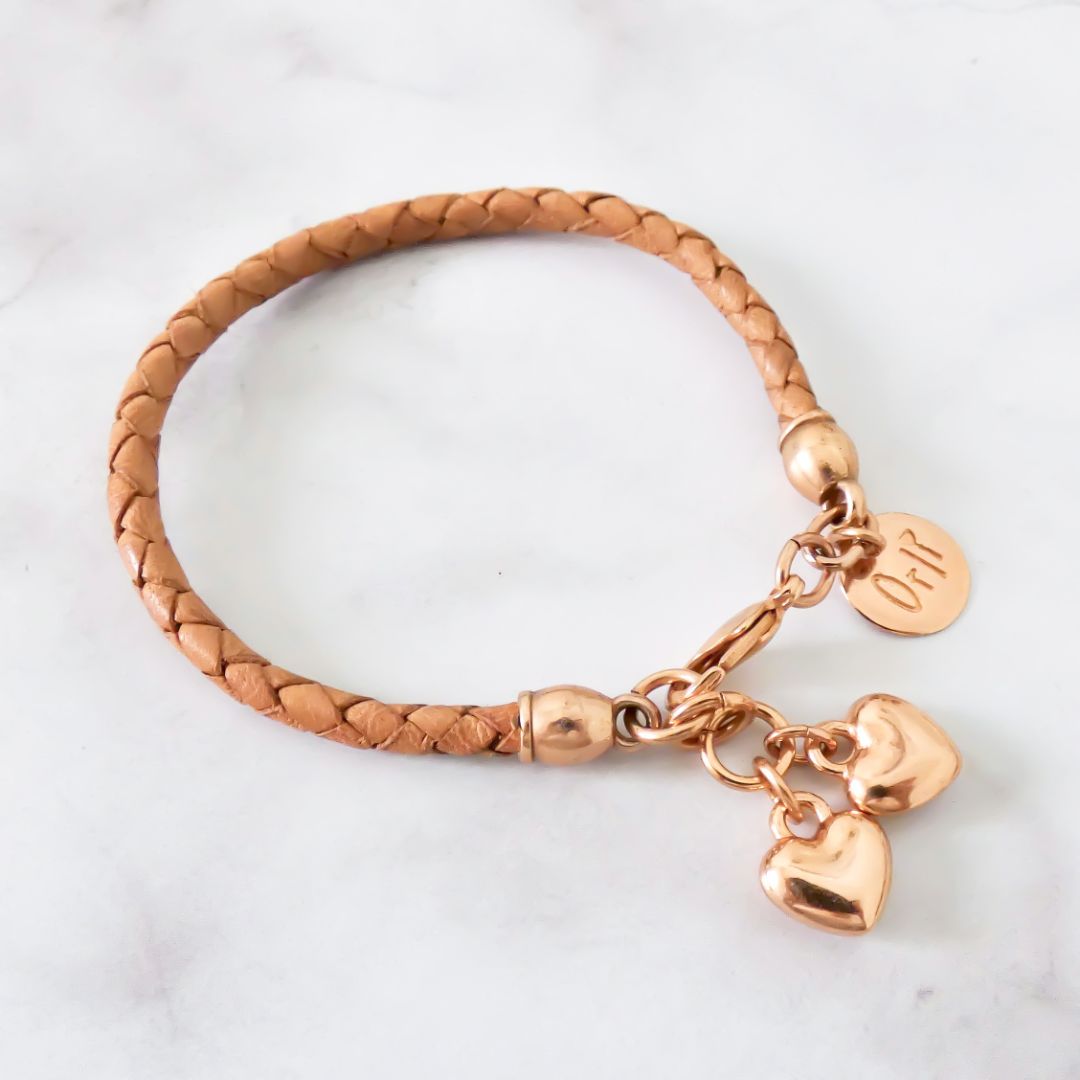 Outlet- Twin Hearts Friendship Bracelet, Rose Gold and Tan