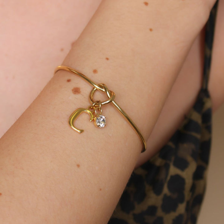 Personalised Knotted Bangle with Initial & Birthstone, Gold