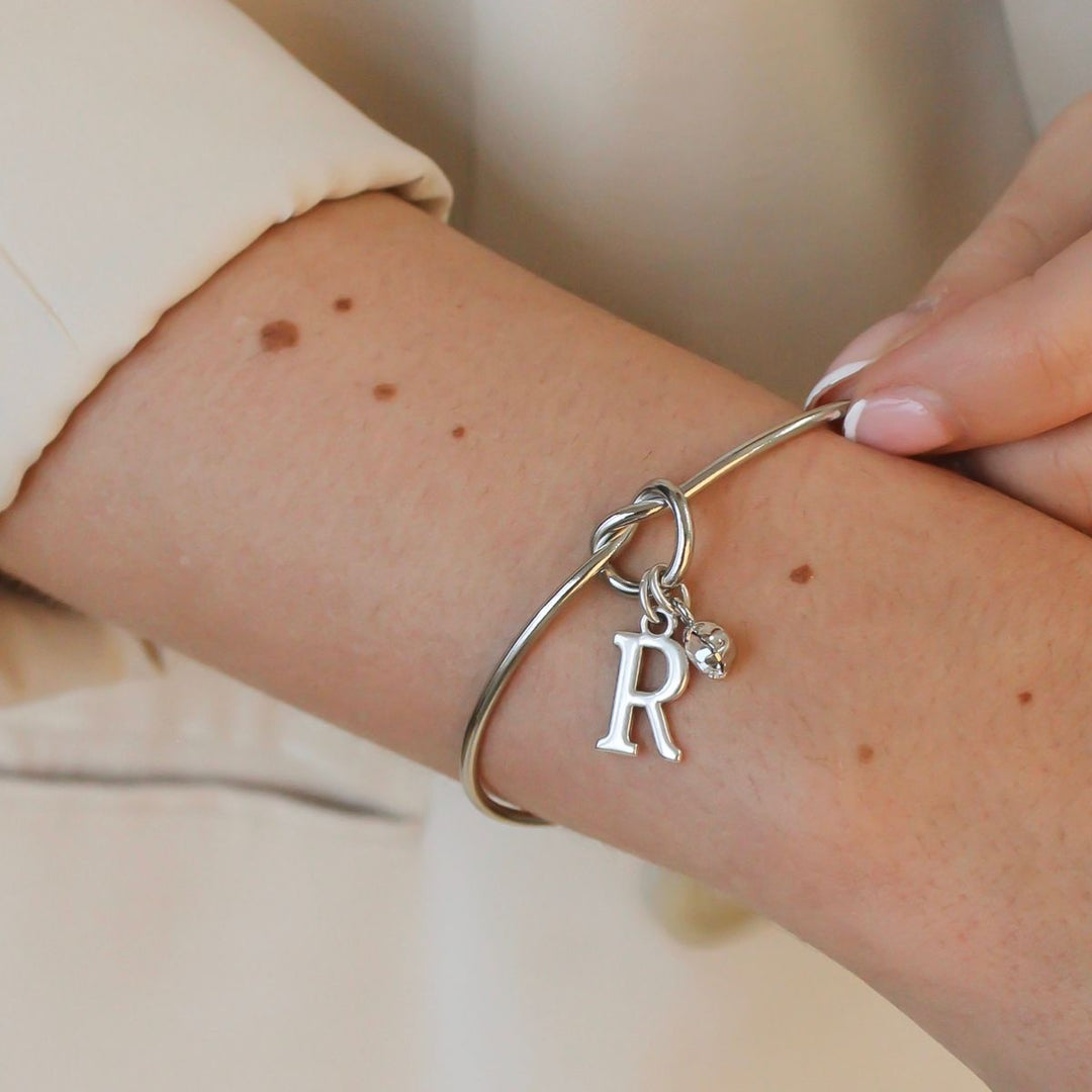 Personalised Knotted Bangle with Initial & Birthstone, Silver