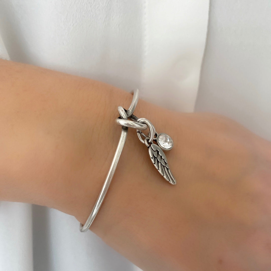 Personalised Knotted Bangle with Angel Wing & Birthstone, Silver