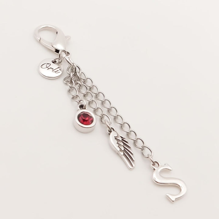 Initial, angel wing and birthstone personalised keyring