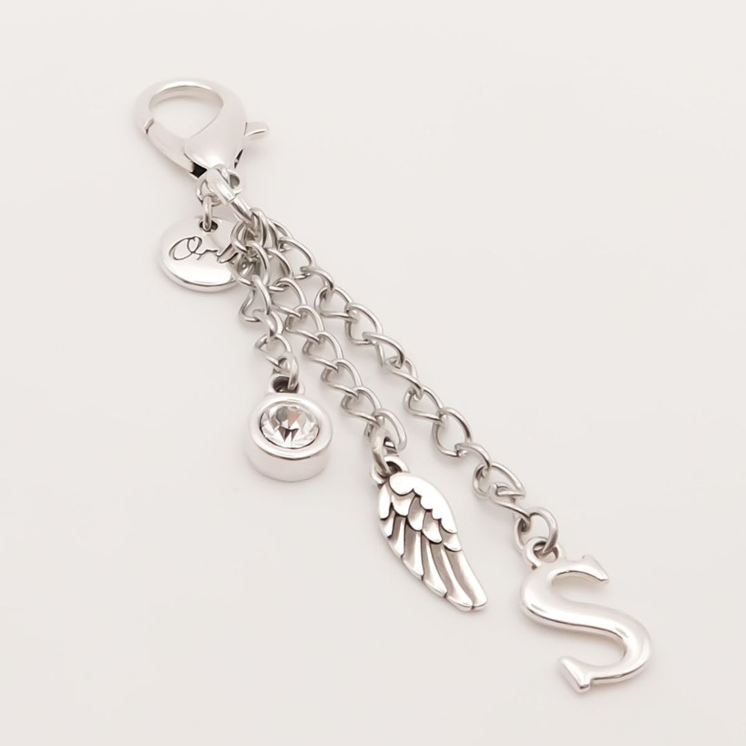 Initial, angel wing and birthstone personalised keyring