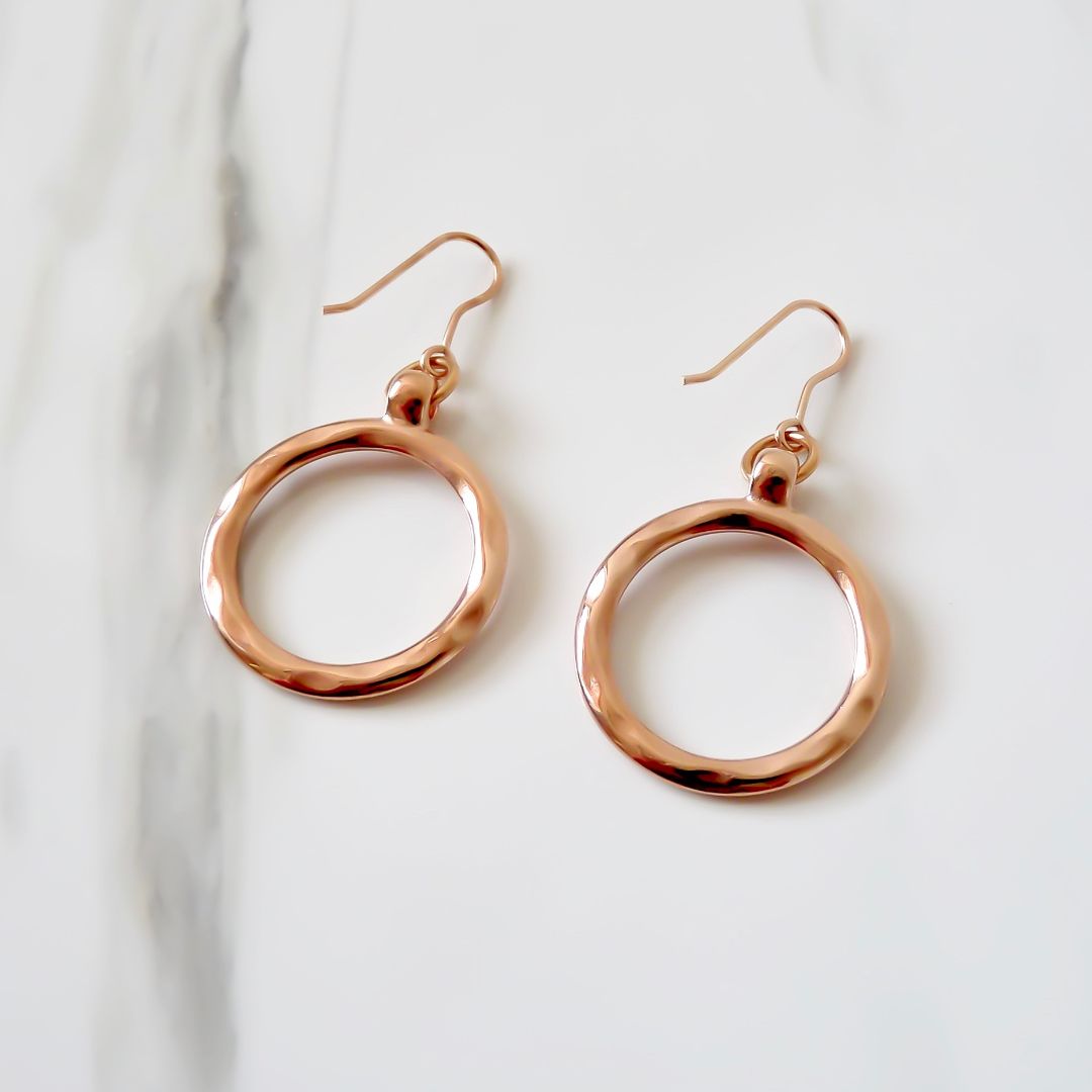 Outlet- Mini Hammered Circle Hook Earrings, Rose Gold