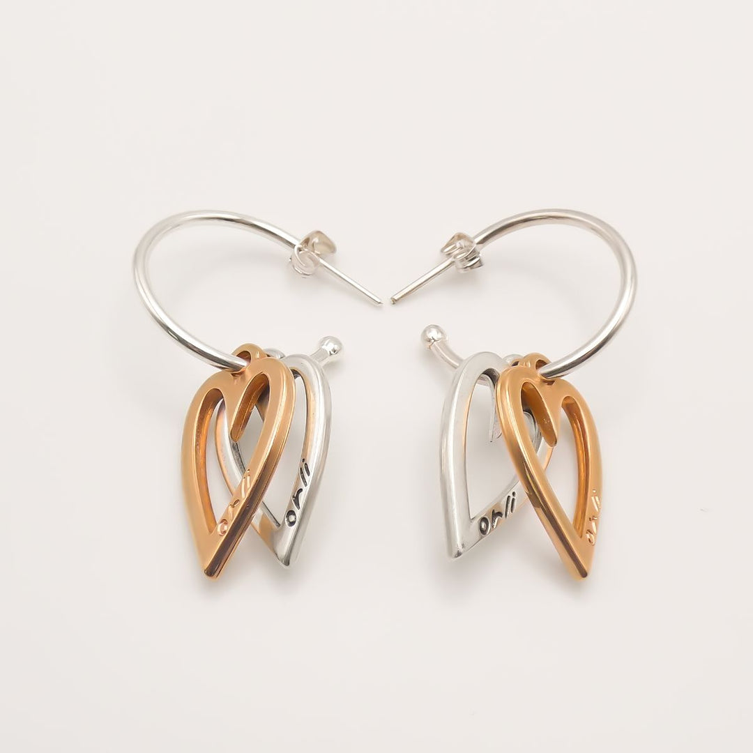 Twin Open Heart Hoop Earrings, Silver & Rose Gold