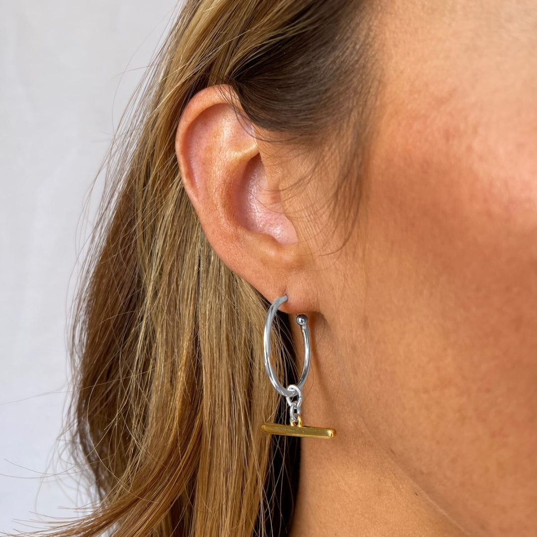 T-Bar Hoop Earrings, Silver & Gold