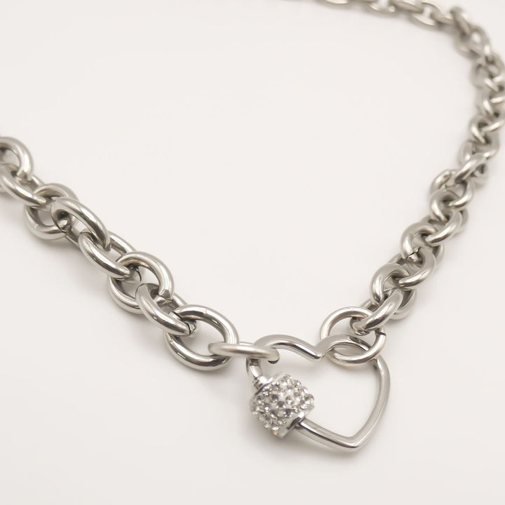 Crystal Heart Lock Chunky Necklace, Silver