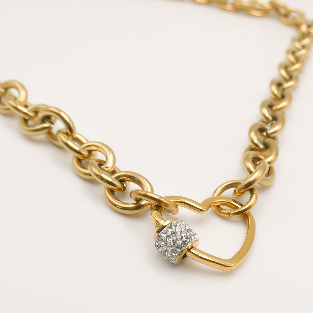 Crystal Heart Lock Chunky Necklace, Gold