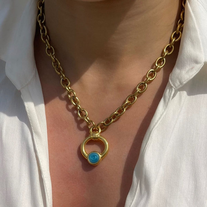 Outlet- Turquoise Enamel Chunky Necklace, Gold