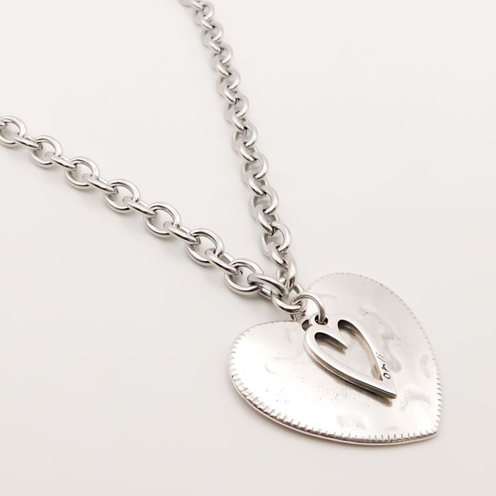 Hammered Heart and Open Heart Chunky Necklace