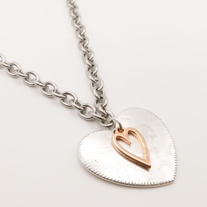 Hammered Heart and Open Heart Chunky Oval Necklace, Silver and Rose Gold