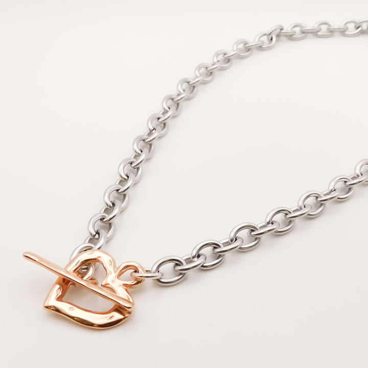 Hammered Heart T-bar Necklace, Silver and Rose Gold