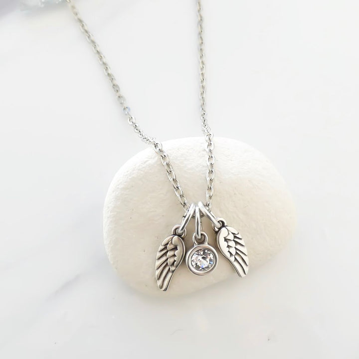 Outlet- Twin Angel Wings & Birthstone Necklace, Silver