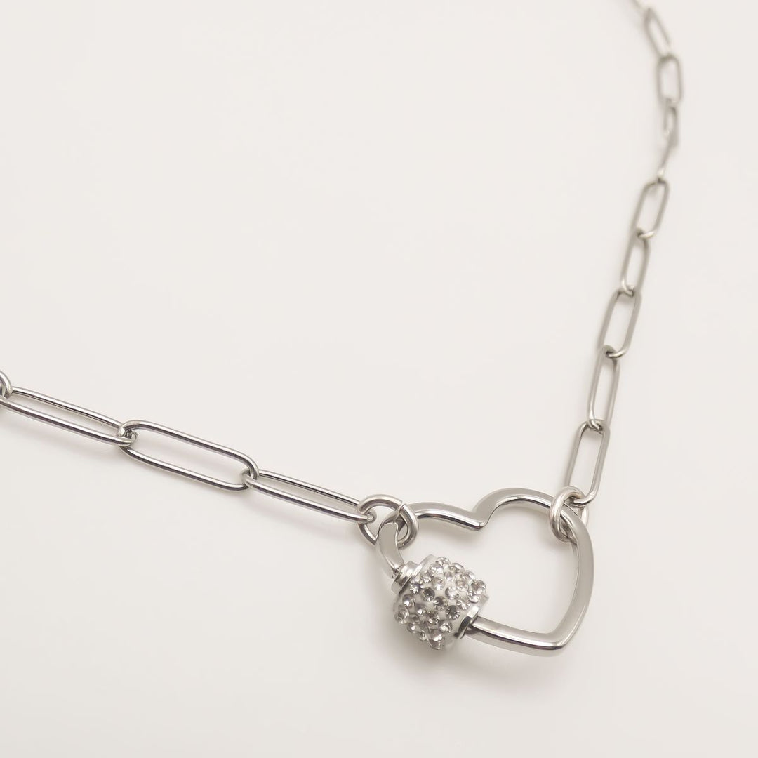 Crystal Heart Lock Paperclip Chain Necklace, Silver