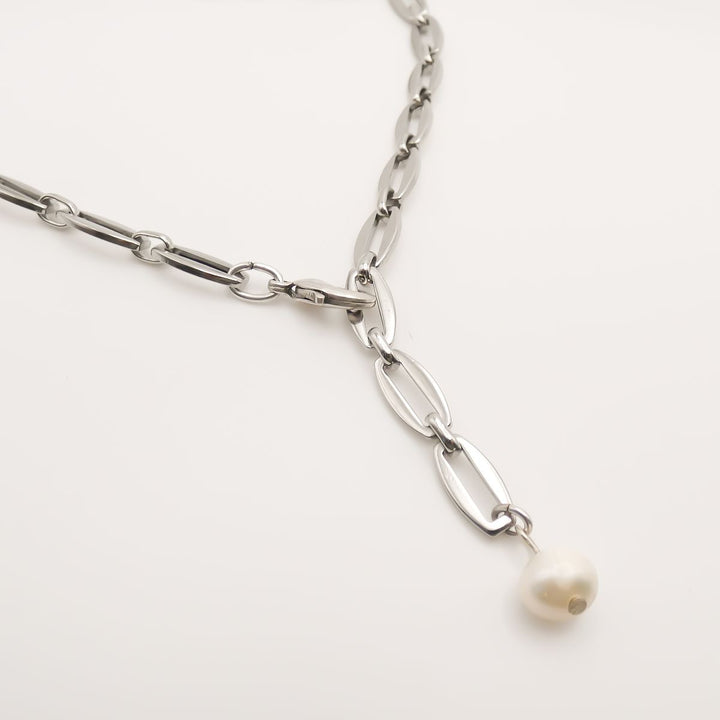 Long Link Adjustable Necklace with Pearl, Silver