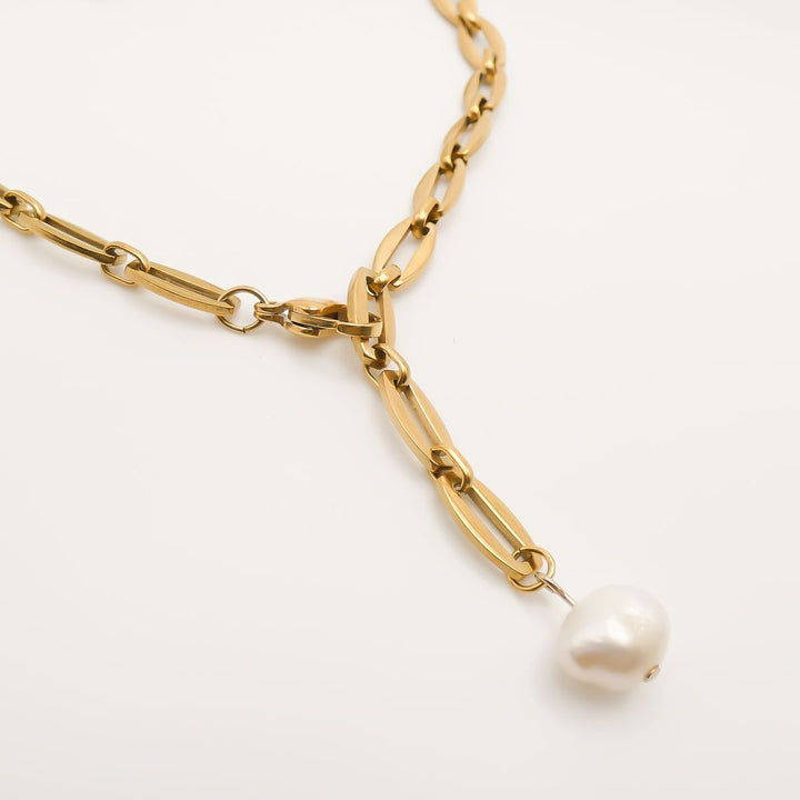 Long Link Adjustable Necklace with Pearl, Gold