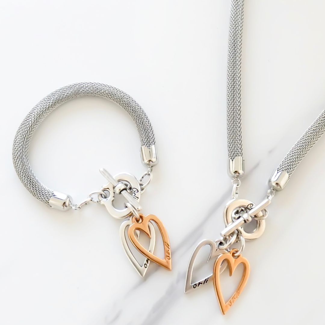 Outlet- Twin open hearts mesh chain necklace, silver and rose gold