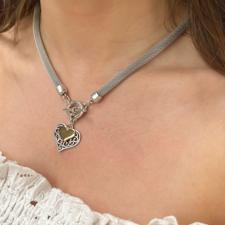 Outlet- Filigree & Mini Heart Mesh Necklace, Silver & Gold