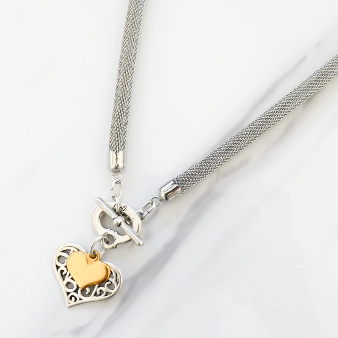 Outlet- Filigree & Mini Heart Mesh Necklace, Silver & Gold