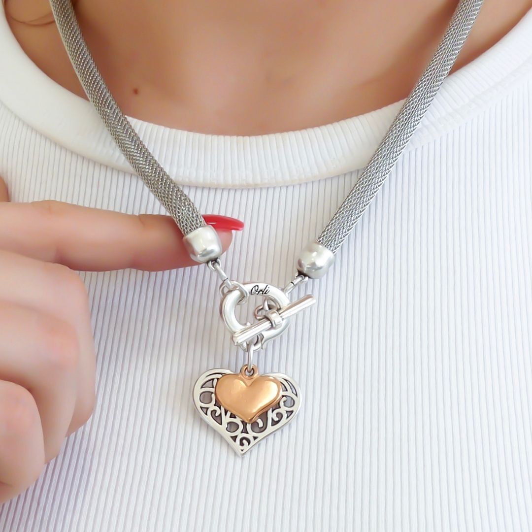 Outlet- Filigree & Mini Heart Mesh Necklace, Silver & Rose Gold