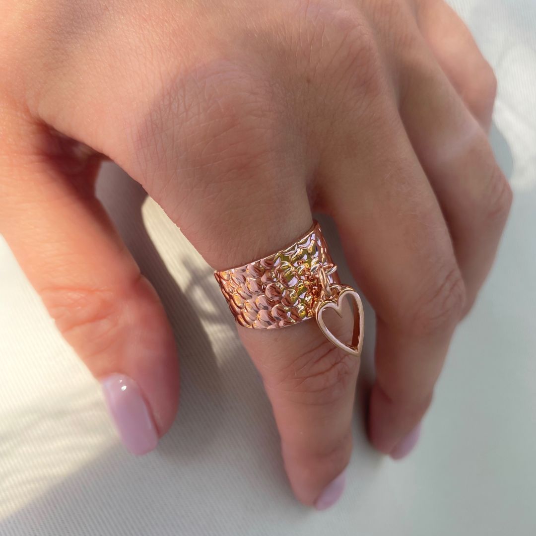 Outlet- Hammered Charm Ring with Mini Open Heart, Rose Gold