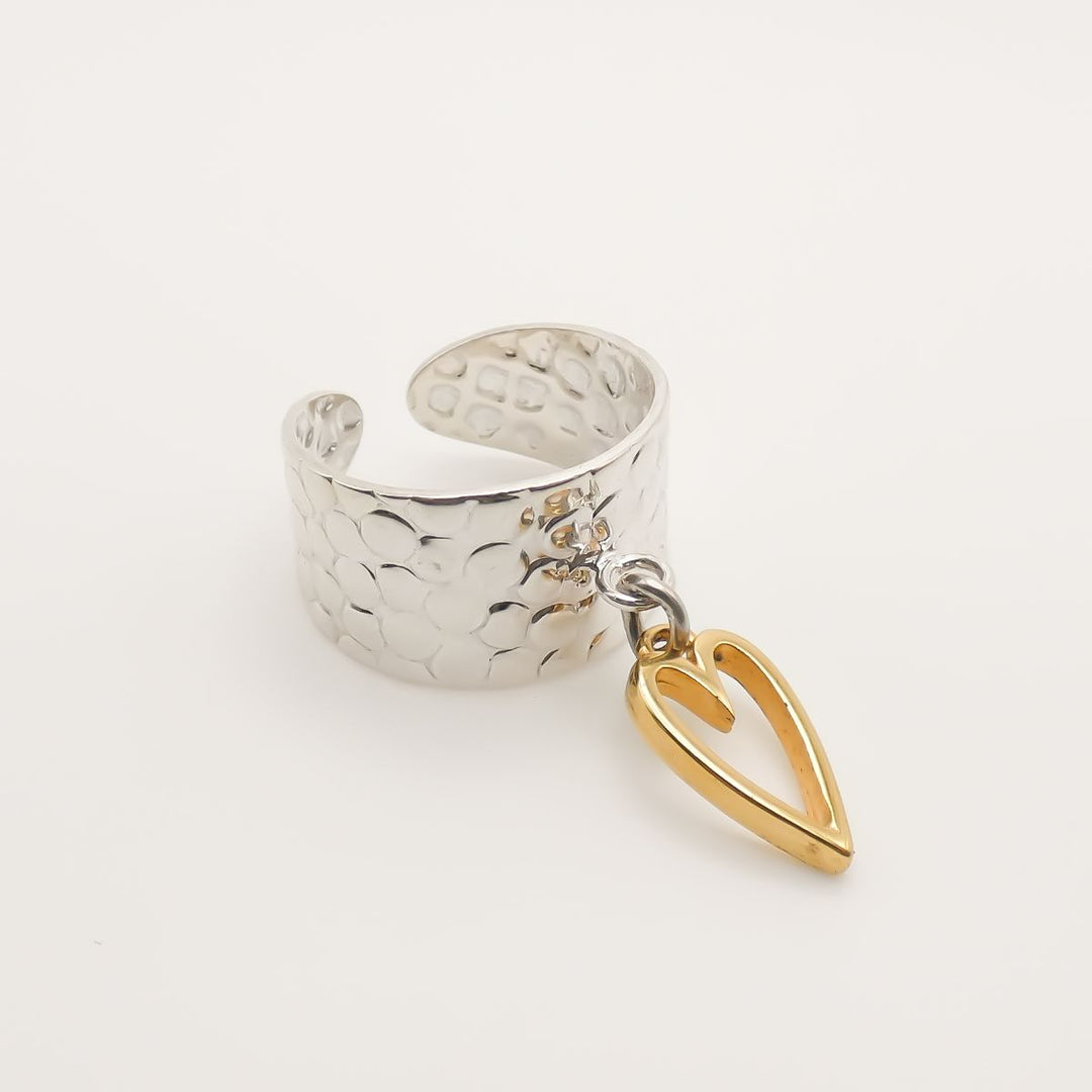 Hammered Charm Ring with Mini Open Heart, Silver & Gold