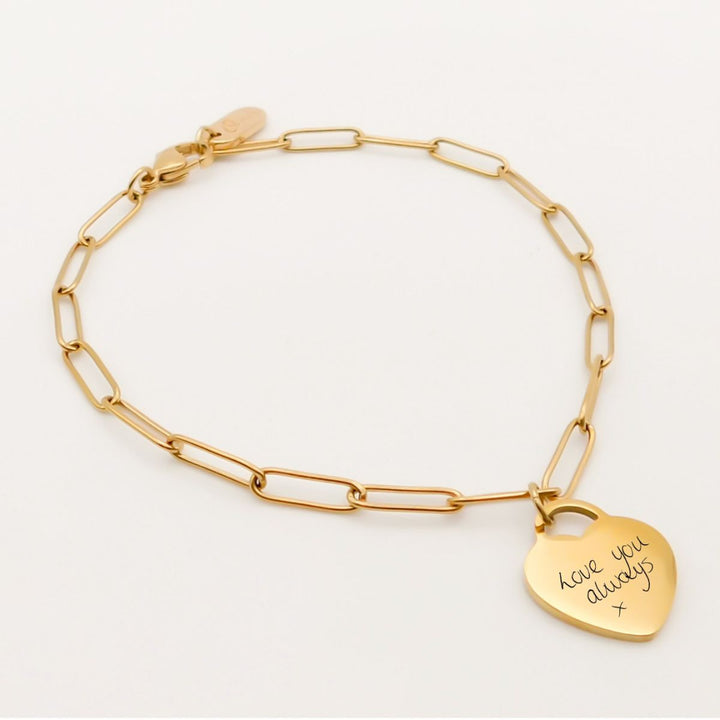 Handwritten Engravables- Paige Heart Personalised Paperclip Bracelet, Gold