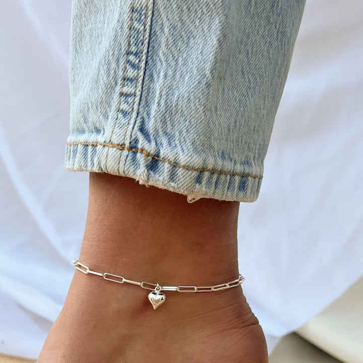 Sterling Silver paperclip chain anklet with mia heart charm
