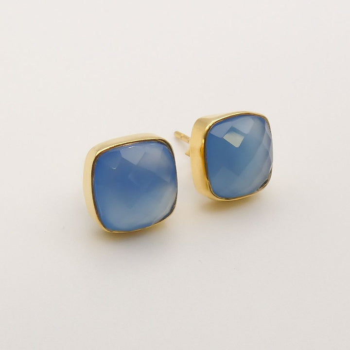 Outlet- Sterling Silver Dark Blue Chalcedony Square Stud Earrings, Gold