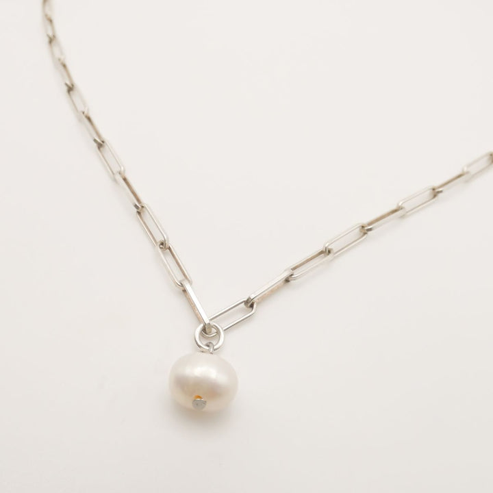 Sterling Silver Classic Paperclip Chain Pearl Necklace