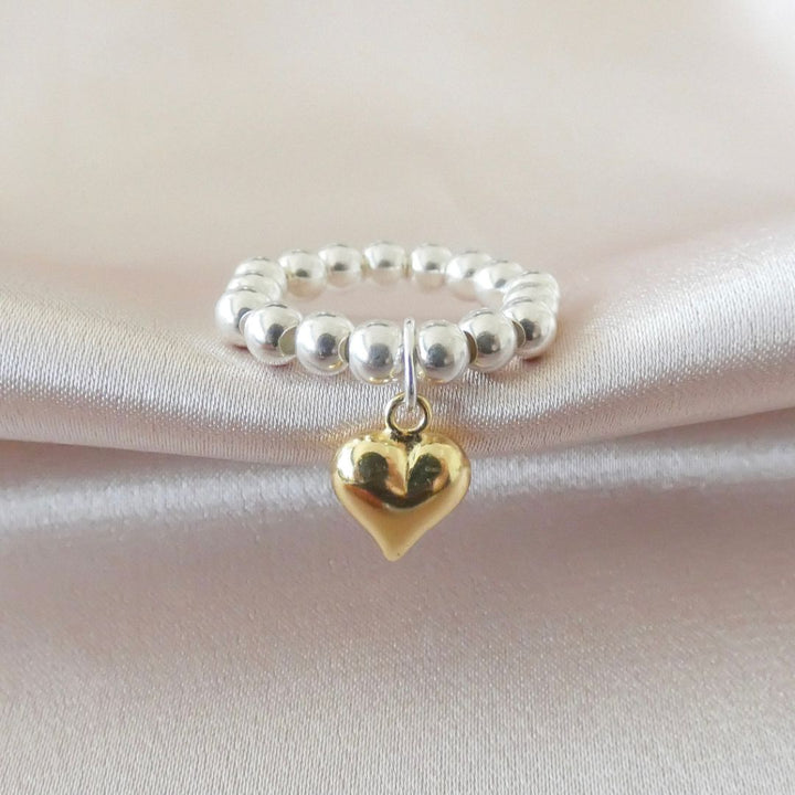 Sterling Silver Mia Heart Beads Ring, Silver & Gold