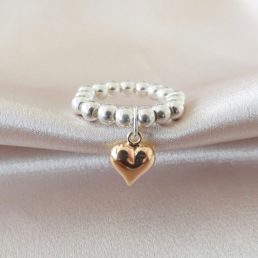 Sterling Silver Mia Heart Beads Ring, Silver & Rose Gold