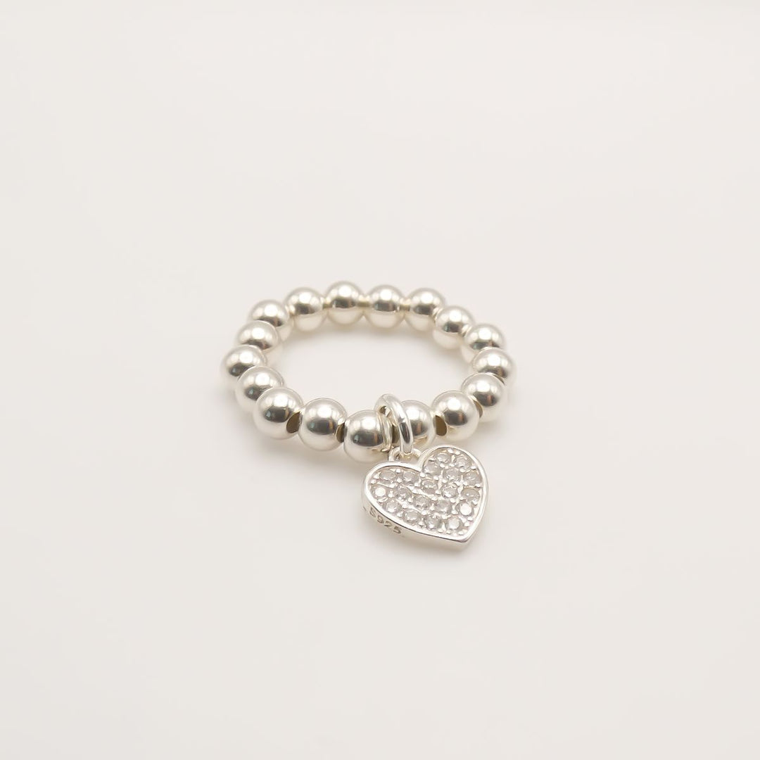 Sterling Silver Holly Crystal Heart Beads Ring