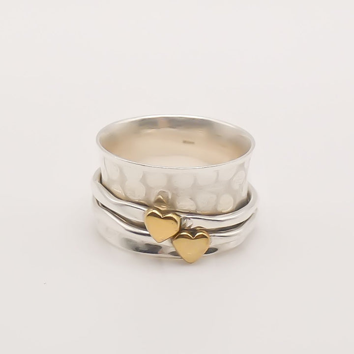 Sterling Silver Spinner Ring with Gold Hearts