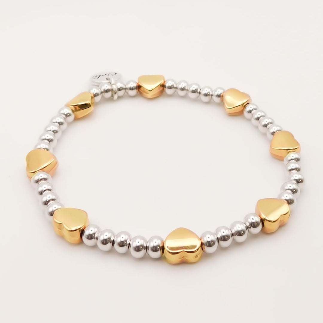 Heart Glider Beads Stretch Bracelet, Silver and Gold