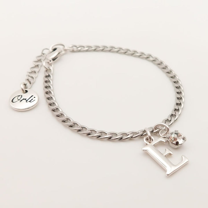 Outlet- Curb Chain Bracelet with Initial and Birthstone, Silver